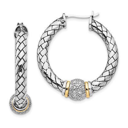 14K/Silver Two Tone Shey Couture Sterling Silver With 14K Accent Antiqued Diamond Hoop Earrings