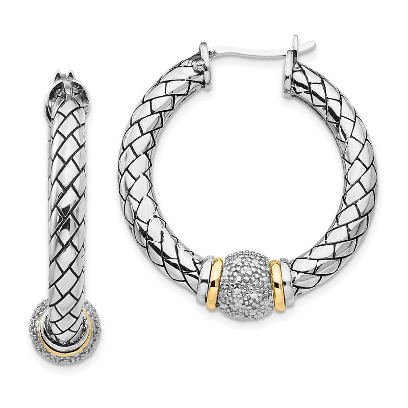 14K/Silver Two Tone Shey Couture Sterling Silver With 14K Accent Antiqued Diamond Hoop Earrings