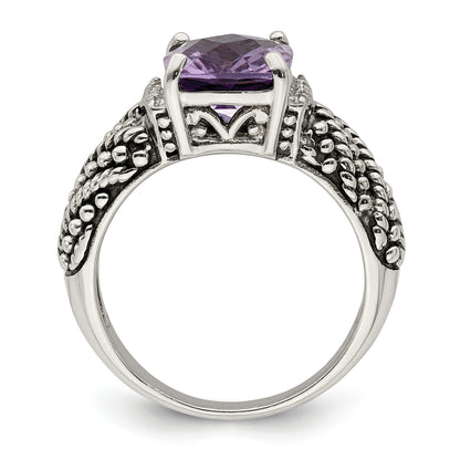 14K/Silver Two Tone Shey Couture Sterling Silver With 14K Accent Antiqued Diamond And Cushion Amethyst Ring