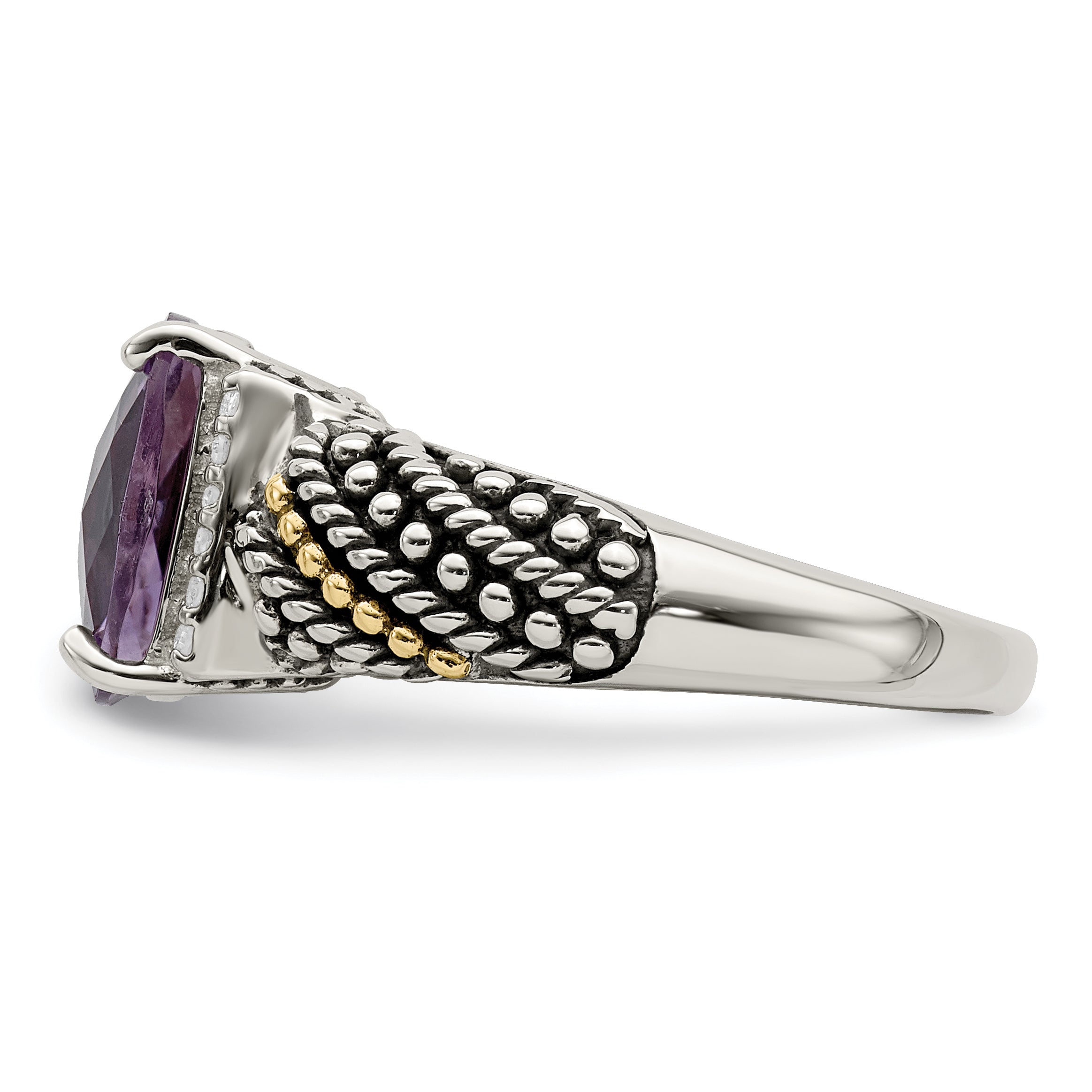 14K/Silver Two Tone Shey Couture Sterling Silver With 14K Accent Antiqued Diamond And Cushion Amethyst Ring
