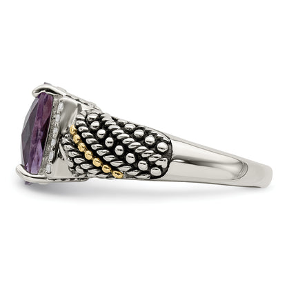 14K/Silver Two Tone Shey Couture Sterling Silver With 14K Accent Antiqued Diamond And Cushion Amethyst Ring