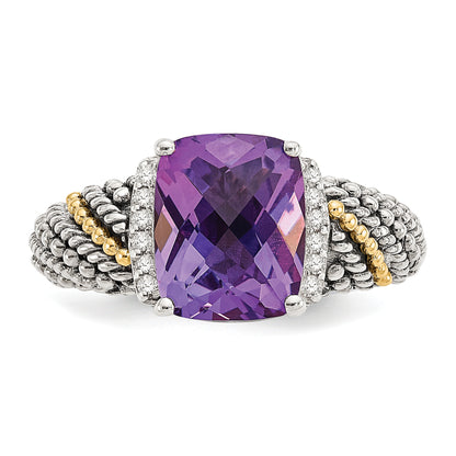 14K/Silver Two Tone Shey Couture Sterling Silver With 14K Accent Antiqued Diamond And Cushion Amethyst Ring