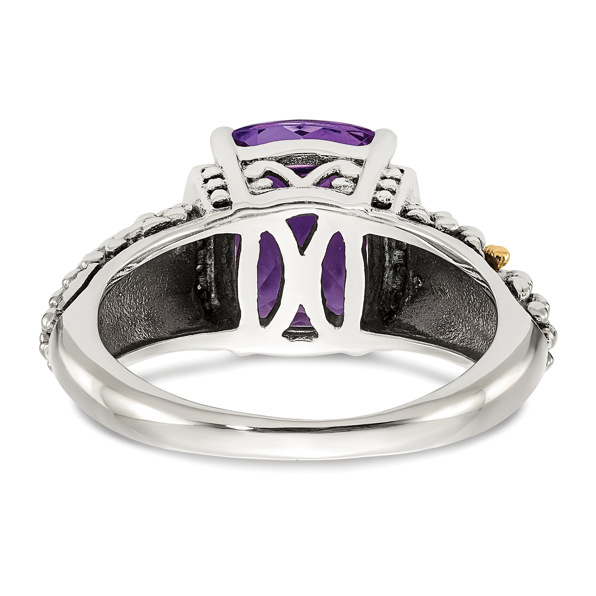 14K/Silver Two Tone Shey Couture Sterling Silver With 14K Accent Antiqued Diamond And Cushion Amethyst Ring