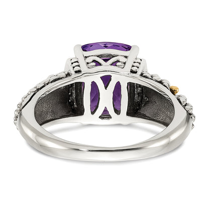 14K/Silver Two Tone Shey Couture Sterling Silver With 14K Accent Antiqued Diamond And Cushion Amethyst Ring