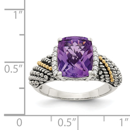 14K/Silver Two Tone Shey Couture Sterling Silver With 14K Accent Antiqued Diamond And Cushion Amethyst Ring