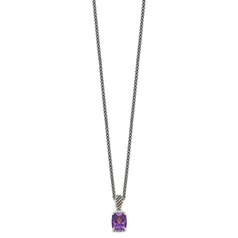 14K/Silver Two Tone Shey Couture Sterling Silver With 14K Accent 18 Inch Antiqued Diamond And Checkerboard Cut Cushion Amethyst Necklace