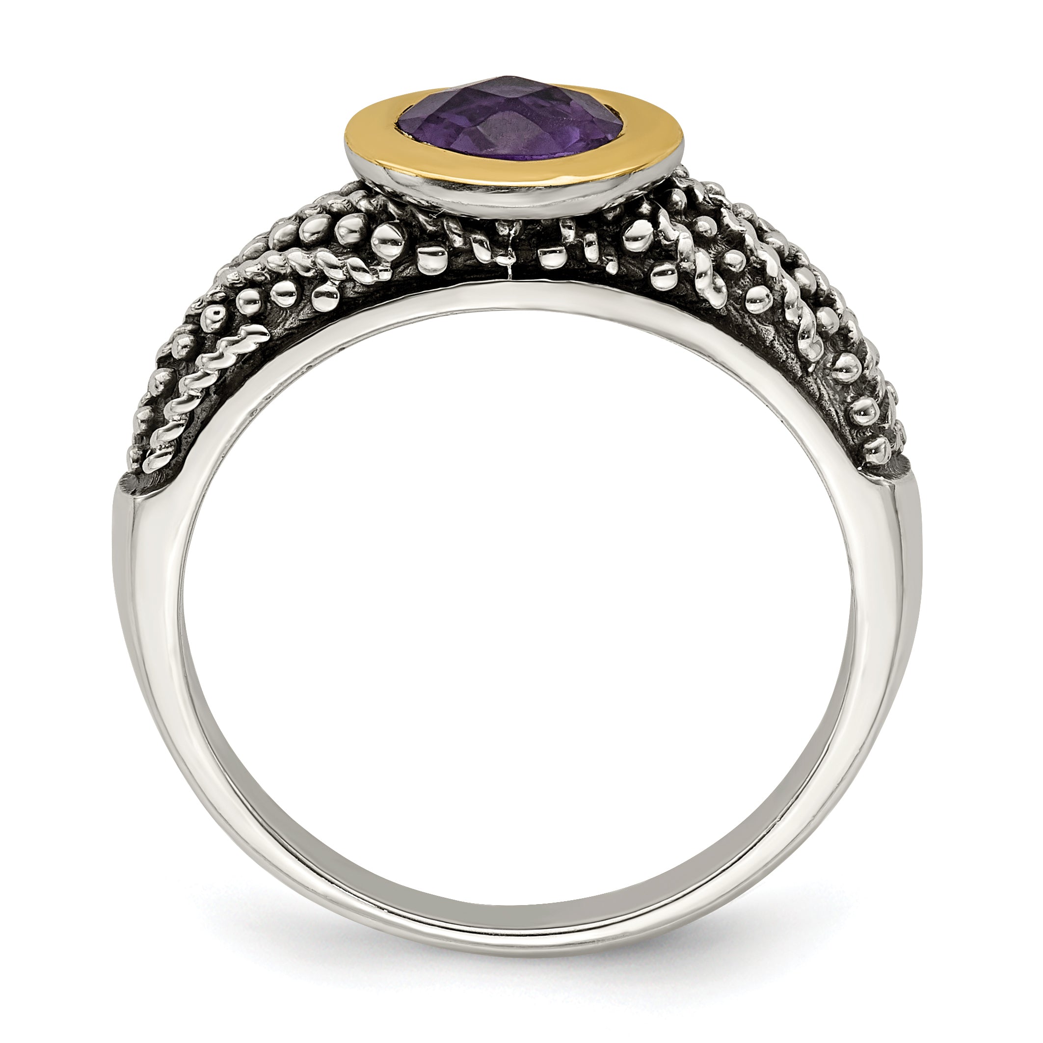 14K/Silver Two Tone Shey Couture Sterling Silver With 14K Accent Antiqued Round Bezel Amethyst Ring