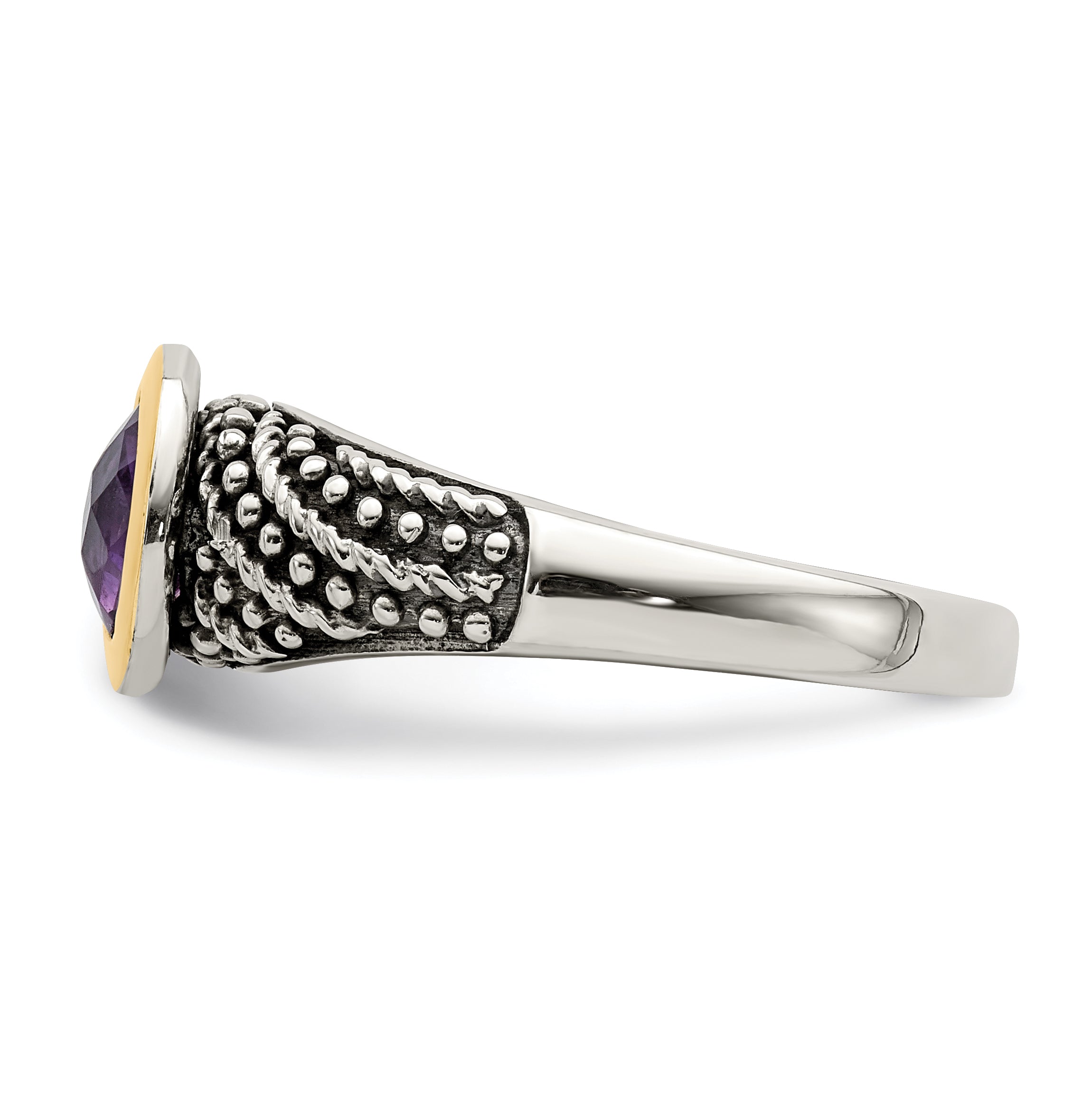 14K/Silver Two Tone Shey Couture Sterling Silver With 14K Accent Antiqued Round Bezel Amethyst Ring