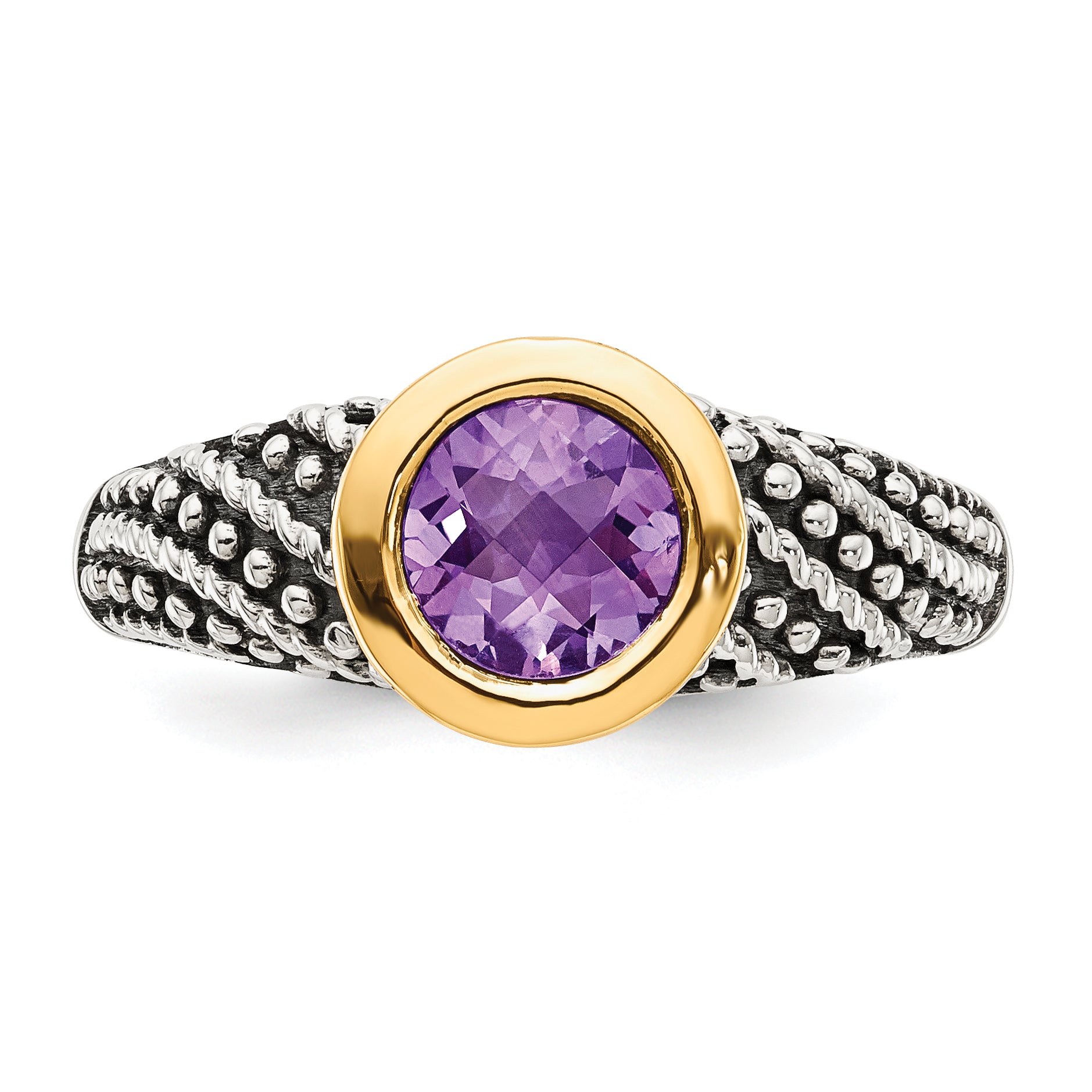 14K/Silver Two Tone Shey Couture Sterling Silver With 14K Accent Antiqued Round Bezel Amethyst Ring