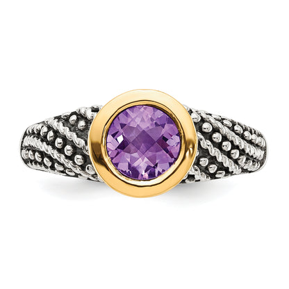 14K/Silver Two Tone Shey Couture Sterling Silver With 14K Accent Antiqued Round Bezel Amethyst Ring