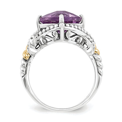 14K/Silver Two Tone Sterling Silver Amethyst Cushion Ring
