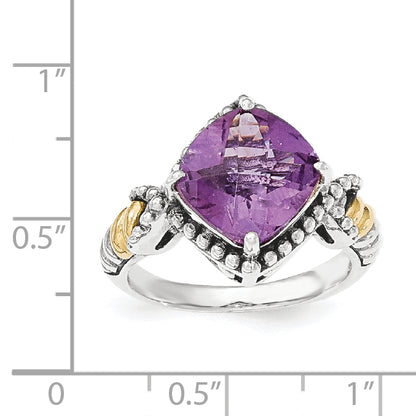 14K/Silver Two Tone Sterling Silver Amethyst Cushion Ring