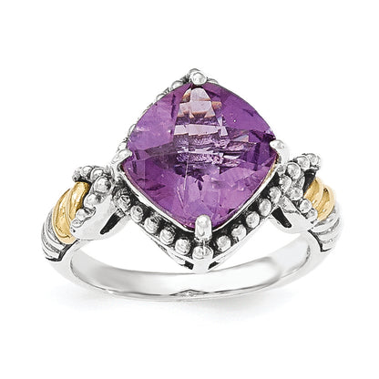 14K/Silver Two Tone Sterling Silver Amethyst Cushion Ring