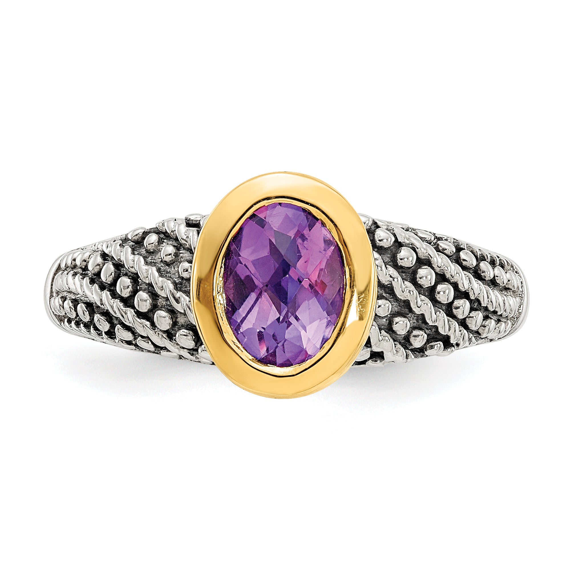 14K/Silver Two Tone Shey Couture Sterling Silver With 14K Accent Antiqued Oval Bezel Amethyst Ring