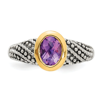 14K/Silver Two Tone Shey Couture Sterling Silver With 14K Accent Antiqued Oval Bezel Amethyst Ring