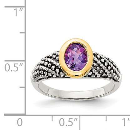14K/Silver Two Tone Shey Couture Sterling Silver With 14K Accent Antiqued Oval Bezel Amethyst Ring