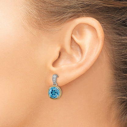 14K/Silver Two Tone Shey Couture Sterling Silver With 14K Accent Antiqued Round Blue Topaz Diamond Post Dangle Earrings
