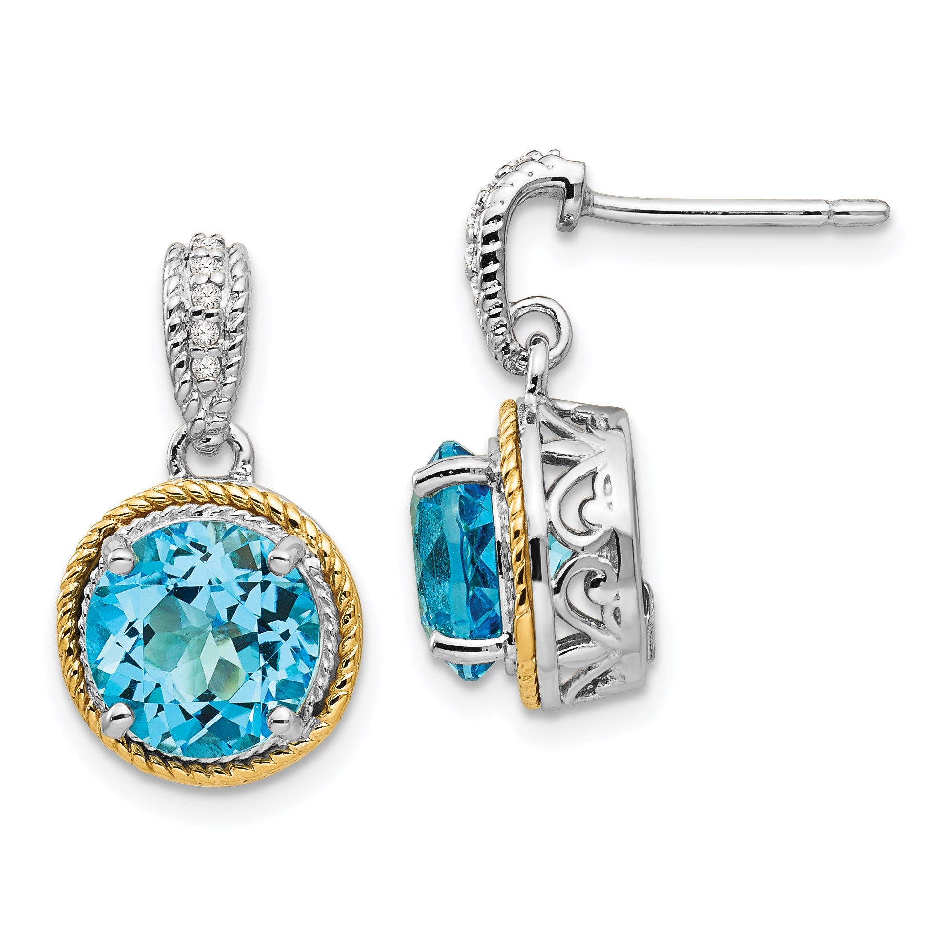 14K/Silver Two Tone Shey Couture Sterling Silver With 14K Accent Antiqued Round Blue Topaz Diamond Post Dangle Earrings