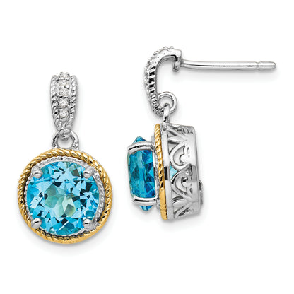 14K/Silver Two Tone Shey Couture Sterling Silver With 14K Accent Antiqued Round Blue Topaz Diamond Post Dangle Earrings