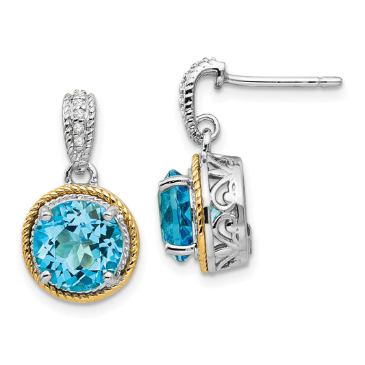 14K/Silver Two Tone Shey Couture Sterling Silver With 14K Accent Antiqued Round Blue Topaz Diamond Post Dangle Earrings