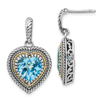 14K/Silver Two Tone Shey Couture Sterling Silver With 14K Accent Antiqued Light Swiss Blue Topaz Heart Dangle Post Earrings