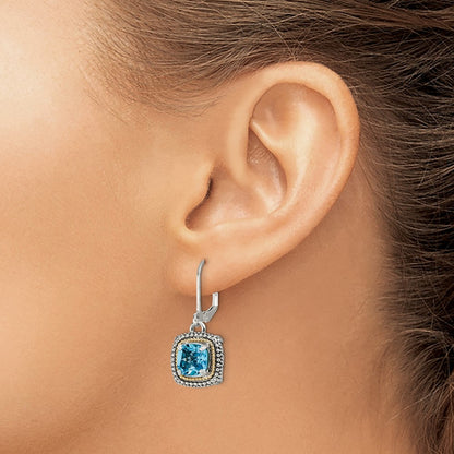 14K/Silver Two Tone Shey Couture Sterling Silver With 14K Accent Antiqued Cushion Light Swiss Blue Topaz Leverback Dangle Earrings