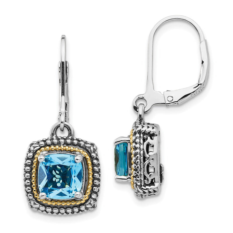 14K/Silver Two Tone Shey Couture Sterling Silver With 14K Accent Antiqued Cushion Light Swiss Blue Topaz Leverback Dangle Earrings