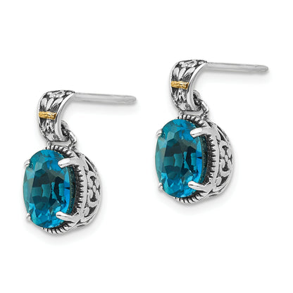 14K/Silver Two Tone Shey Couture Sterling Silver With 14K Accent Antiqued Oval London Blue Topaz Post Dangle Earrings