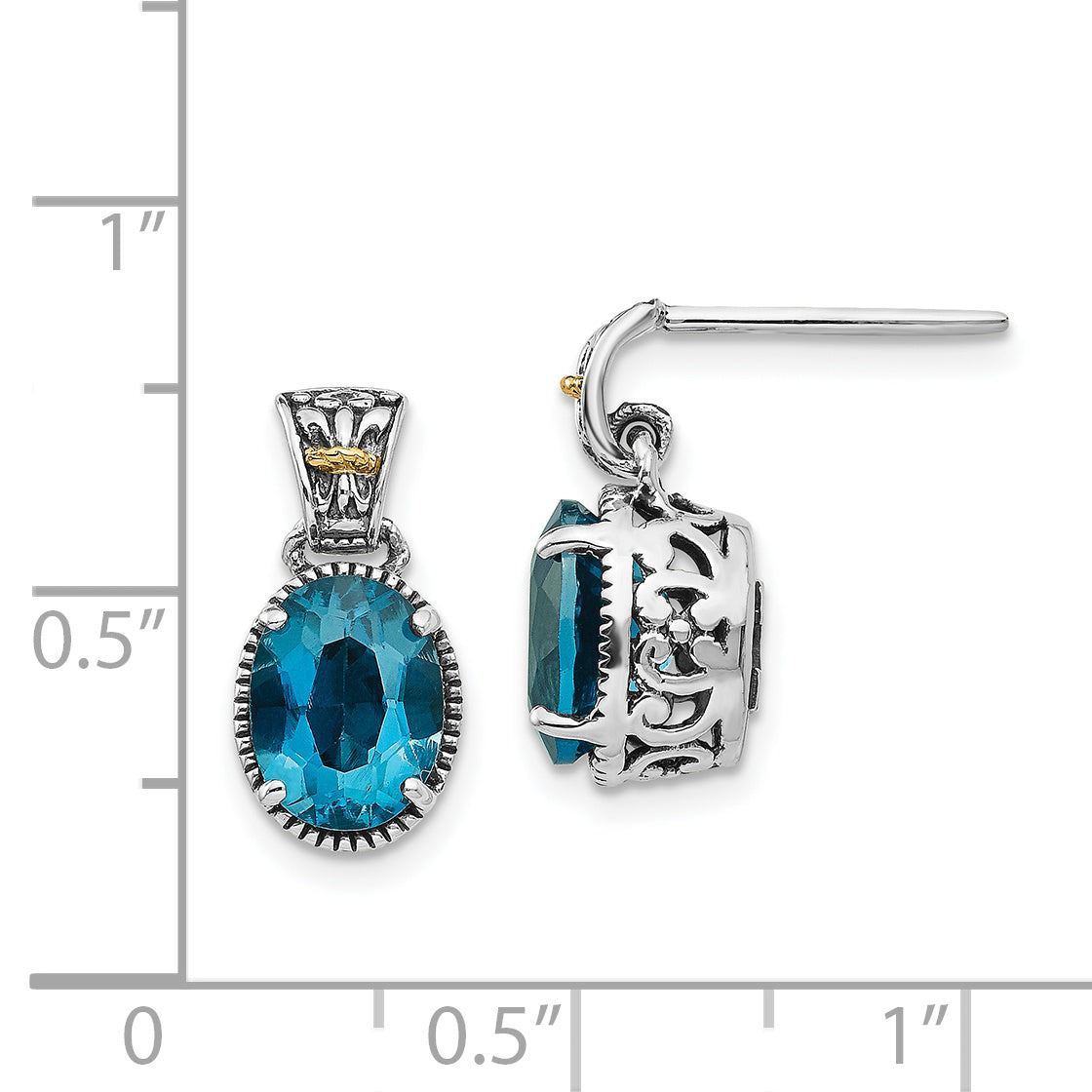 14K/Silver Two Tone Shey Couture Sterling Silver With 14K Accent Antiqued Oval London Blue Topaz Post Dangle Earrings
