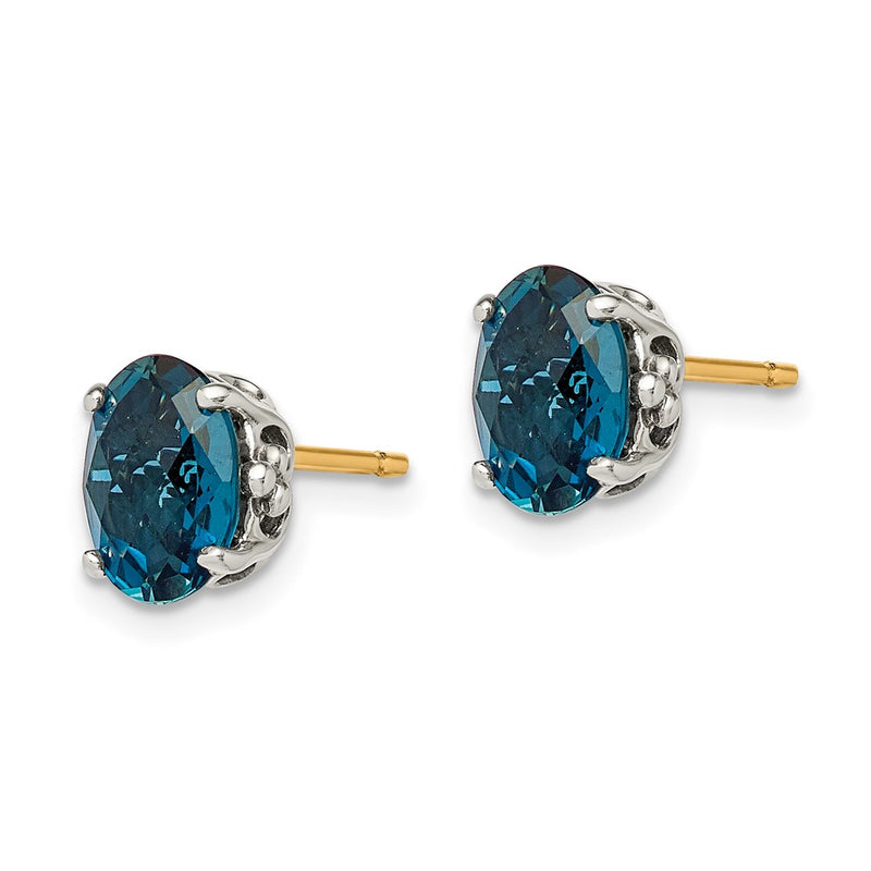 14K/Silver Two Tone Shey Couture Sterling Silver With 14K Accent Antiqued Oval London Blue Topaz Post Earrings