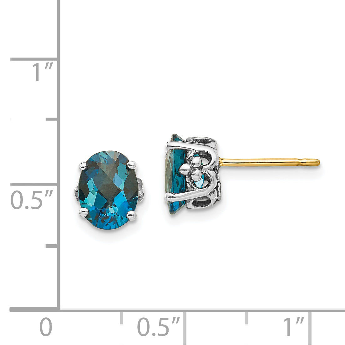 14K/Silver Two Tone Shey Couture Sterling Silver With 14K Accent Antiqued Oval London Blue Topaz Post Earrings