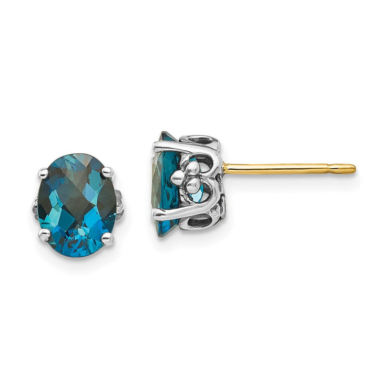 14K/Silver Two Tone Shey Couture Sterling Silver With 14K Accent Antiqued Oval London Blue Topaz Post Earrings