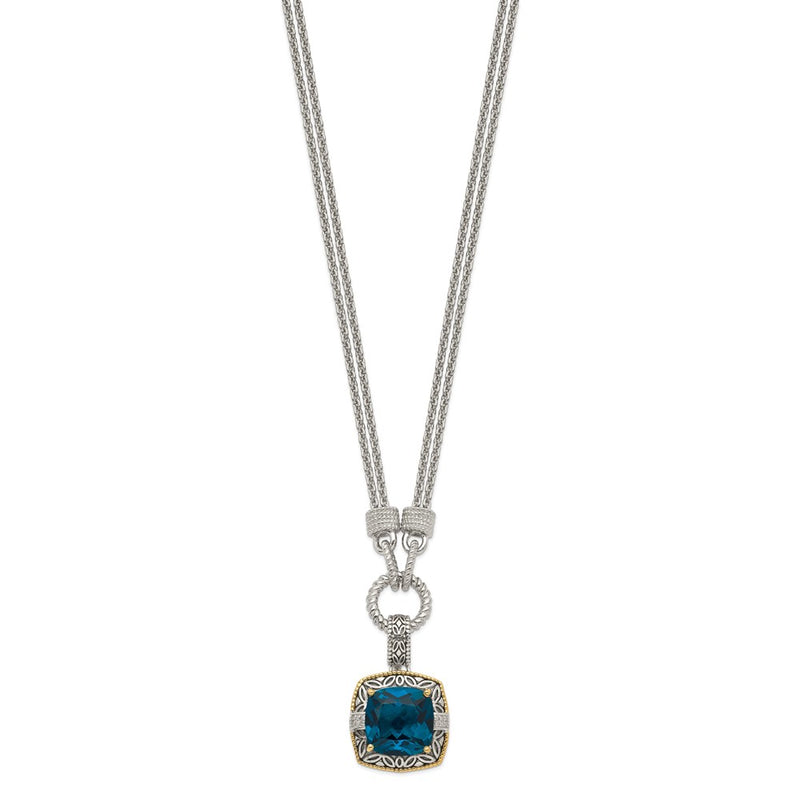 14K/Silver Two Tone Shey Couture Sterling Silver With 14K Accent 17 Inch Antiqued Cushion London Blue Topaz And Diamond Plus 1In. Ext. Necklace