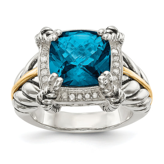 14K/Silver Two Tone Shey Couture Sterling Silver With 14K Accent Antiqued London Blue Topaz And Diamond Ring