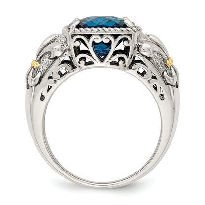 14K/Silver Two Tone Shey Couture Sterling Silver With 14K Accent Antiqued Checkerboard Cushion London Blue Topaz Ring