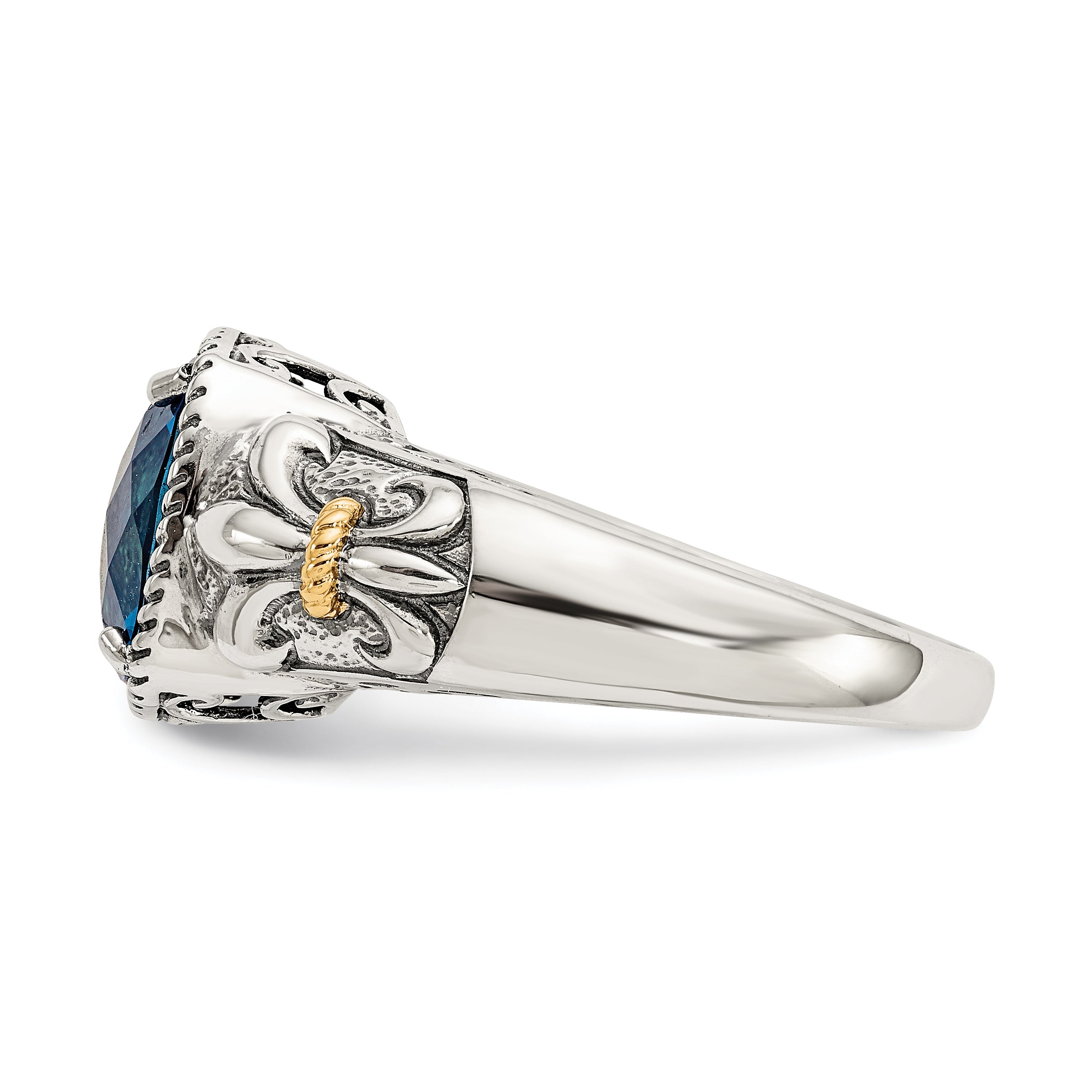 14K/Silver Two Tone Shey Couture Sterling Silver With 14K Accent Antiqued Checkerboard Cushion London Blue Topaz Ring