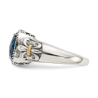 14K/Silver Two Tone Shey Couture Sterling Silver With 14K Accent Antiqued Checkerboard Cushion London Blue Topaz Ring