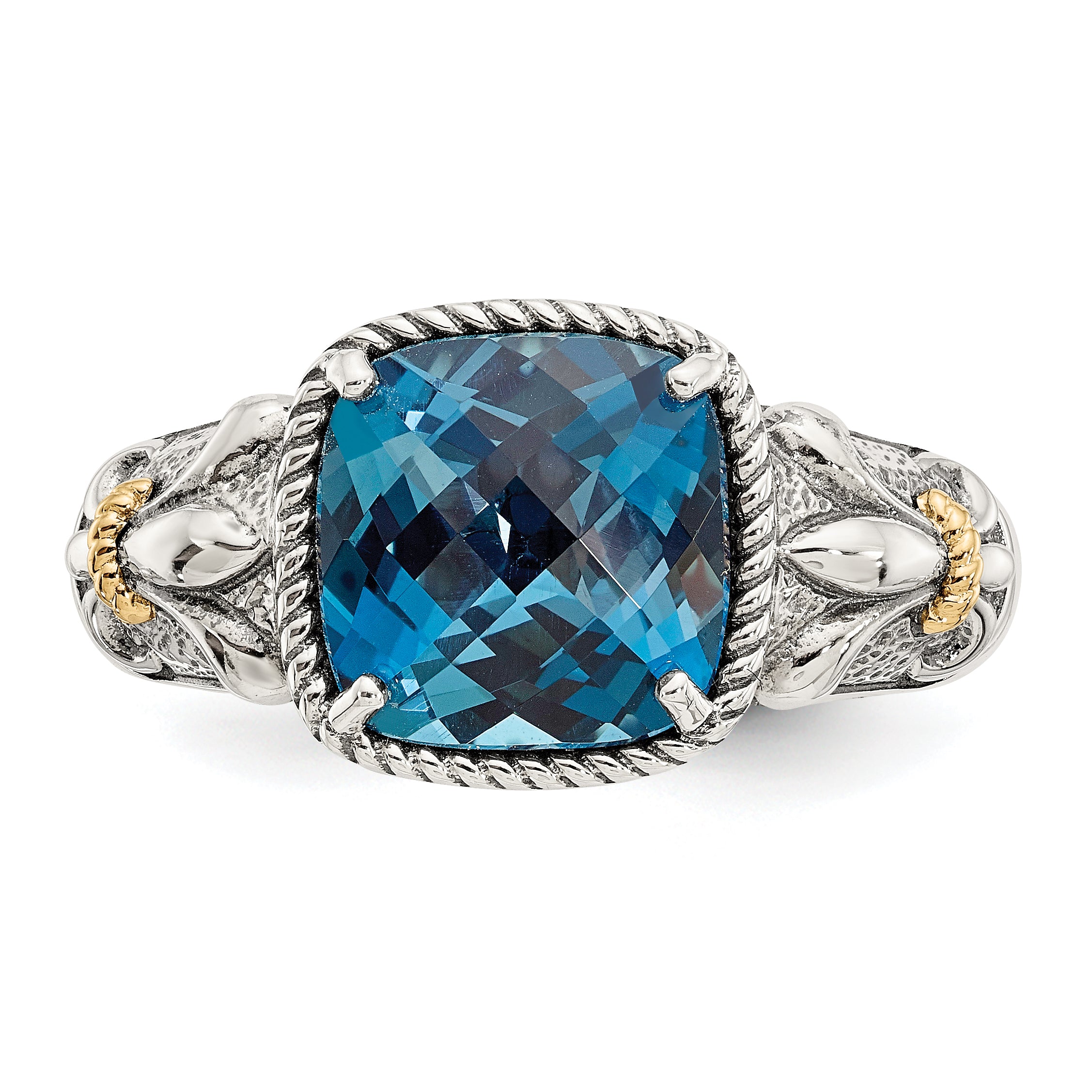 14K/Silver Two Tone Shey Couture Sterling Silver With 14K Accent Antiqued Checkerboard Cushion London Blue Topaz Ring