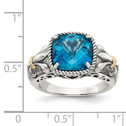 14K/Silver Two Tone Shey Couture Sterling Silver With 14K Accent Antiqued Checkerboard Cushion London Blue Topaz Ring