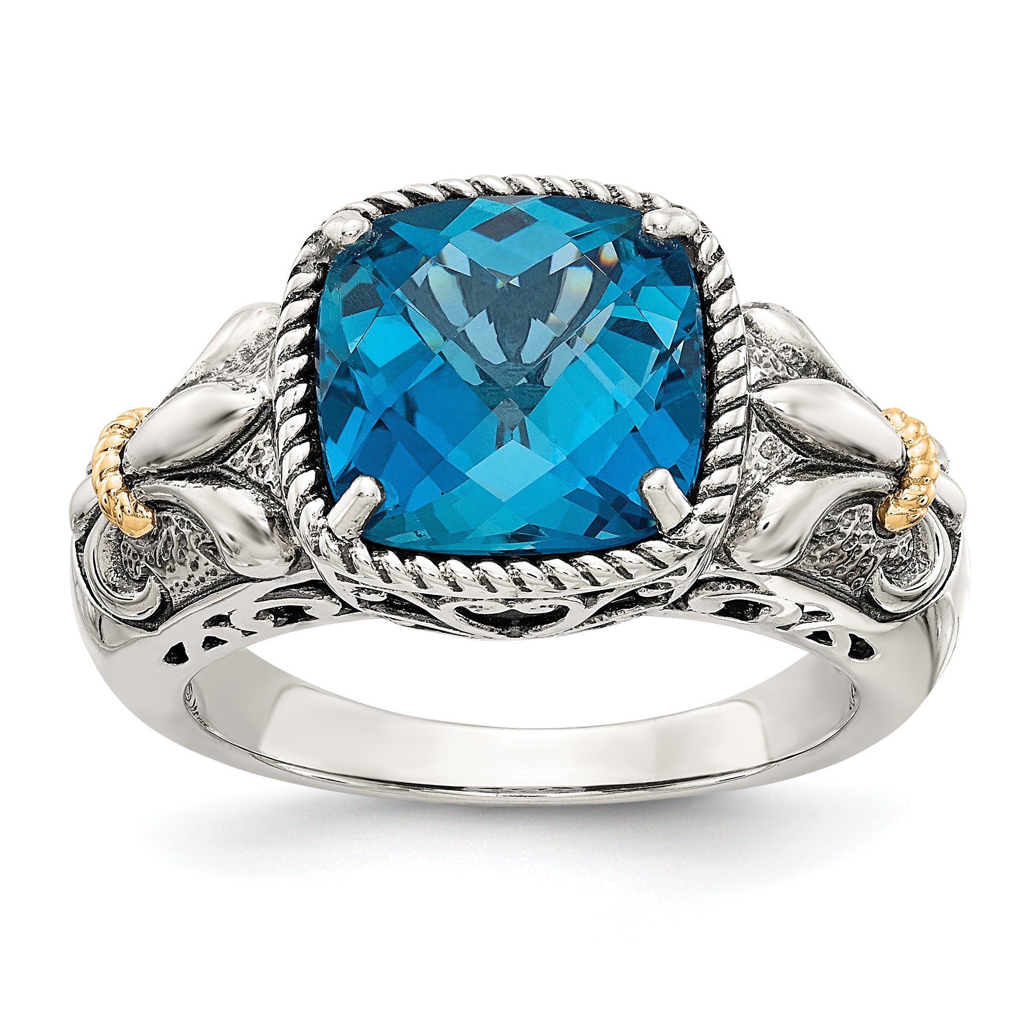 14K/Silver Two Tone Shey Couture Sterling Silver With 14K Accent Antiqued Checkerboard Cushion London Blue Topaz Ring