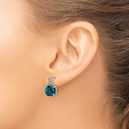 14K/Silver Two Tone Shey Couture Sterling Silver With 14K Accent Antiqued Cushion London Blue Topaz Post Dangle Earrings