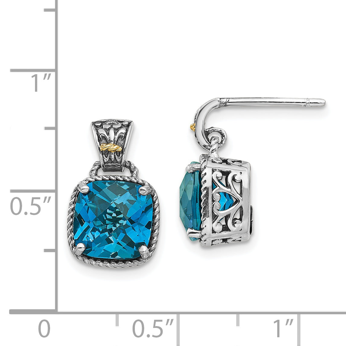 14K/Silver Two Tone Shey Couture Sterling Silver With 14K Accent Antiqued Cushion London Blue Topaz Post Dangle Earrings