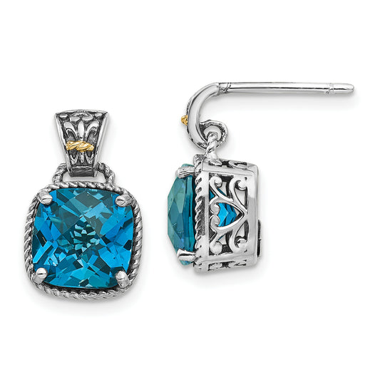 14K/Silver Two Tone Shey Couture Sterling Silver With 14K Accent Antiqued Cushion London Blue Topaz Post Dangle Earrings
