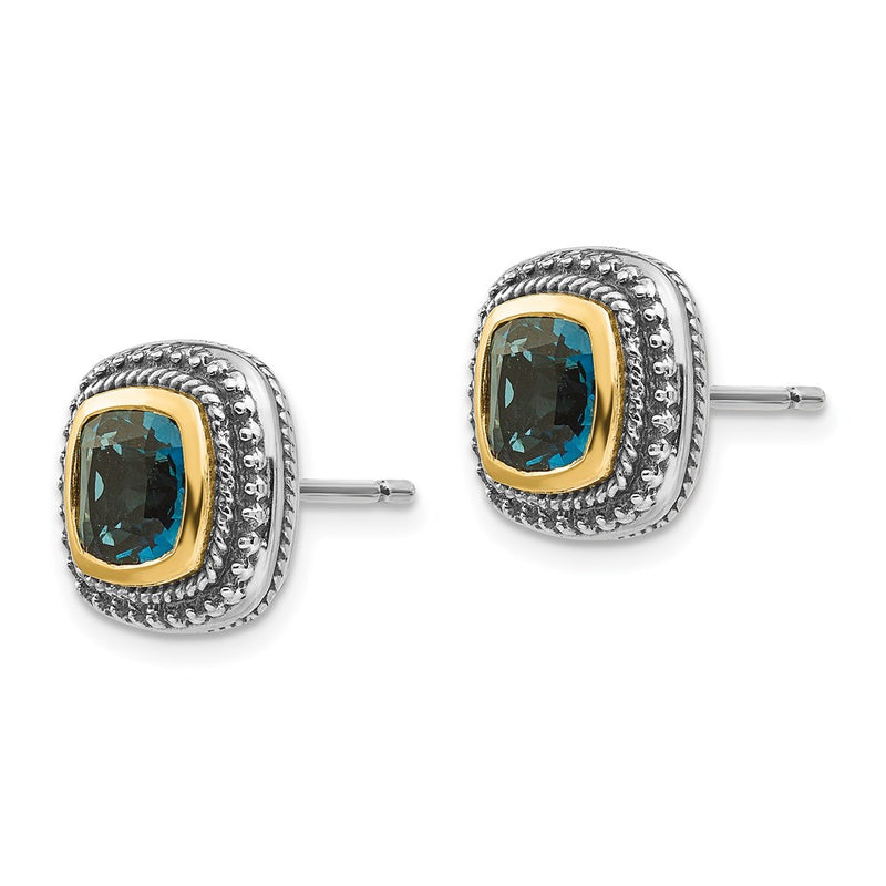 14K/Silver Two Tone Shey Couture Sterling Silver With 14K Accent Antiqued Cushion London Blue Topaz Post Earrings