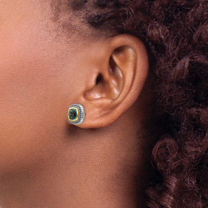 14K/Silver Two Tone Shey Couture Sterling Silver With 14K Accent Antiqued Cushion London Blue Topaz Post Earrings