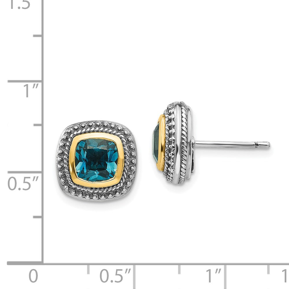 14K/Silver Two Tone Shey Couture Sterling Silver With 14K Accent Antiqued Cushion London Blue Topaz Post Earrings