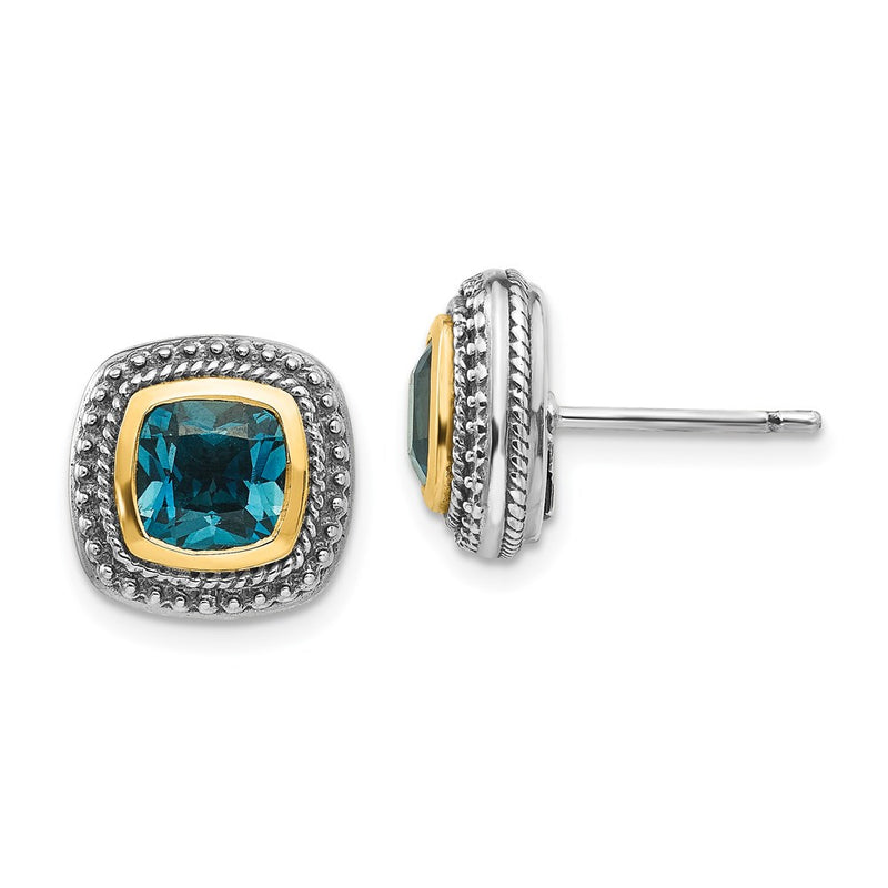 14K/Silver Two Tone Shey Couture Sterling Silver With 14K Accent Antiqued Cushion London Blue Topaz Post Earrings