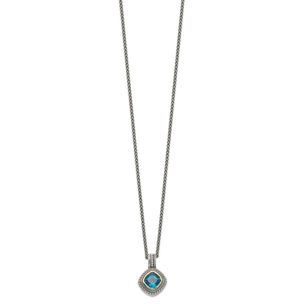 14K/Silver Two Tone Shey Couture Sterling Silver With 14K Accent 18 Inch Antiqued Cushion Bezel London Blue Topaz Necklace