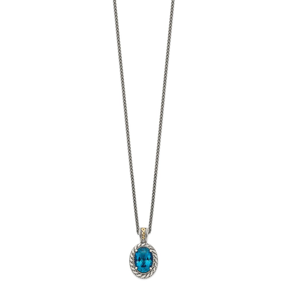 14K/Silver Two Tone Shey Couture Sterling Silver With 14K Accent 18 Inch Antiqued Oval London Blue Topaz Hinged Bail Necklace