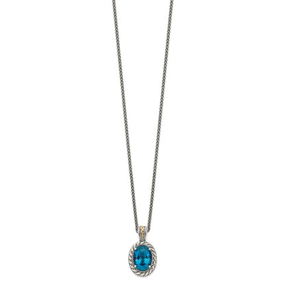 14K/Silver Two Tone Shey Couture Sterling Silver With 14K Accent 18 Inch Antiqued Oval London Blue Topaz Hinged Bail Necklace